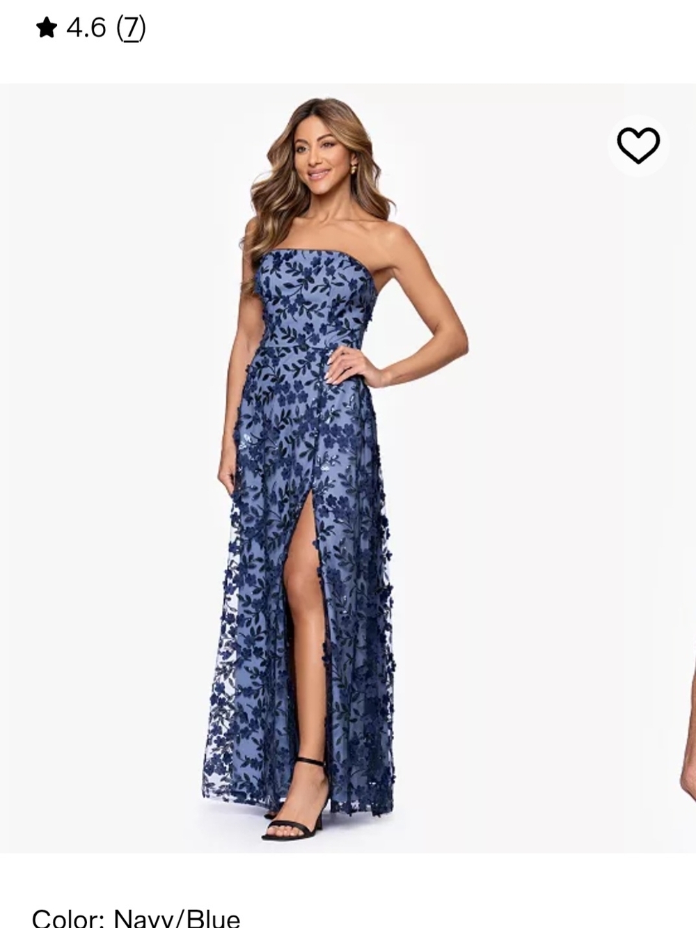 Xscape Strapless Navy Blue Floral Appliqué Evening Gown with High Slit